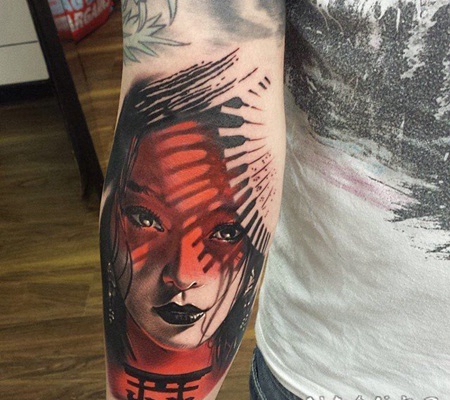 线条素描经典日本传统图腾艺妓纹身图案