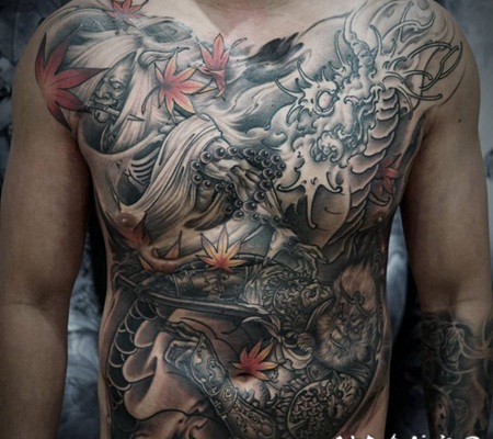 黑灰素描点刺技巧创意大面积霸气纹身图案