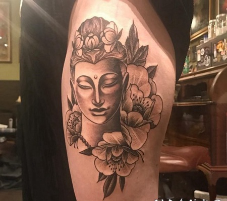 黑灰素描点刺技巧经典精致弥勒佛纹身图案