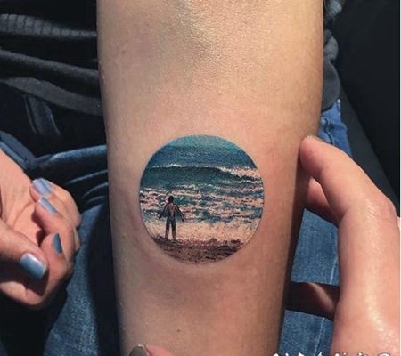 彩绘水彩素描创意精致的唯美风景几何圆形纹身图案