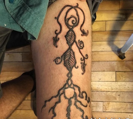 关于弯弯的黑色抽象线条植物藤纹身图案