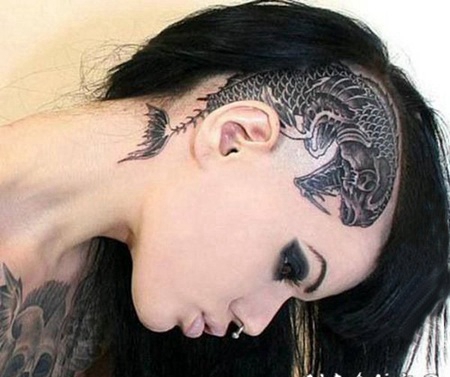 帅气的黑色点刺抽象线条头部纹身图案