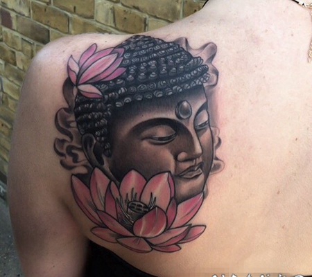 关于宗教普度众生的黑色点刺佛像纹身图案