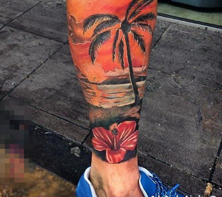 夕阳如丹的彩绘落日余晖风景纹身图案