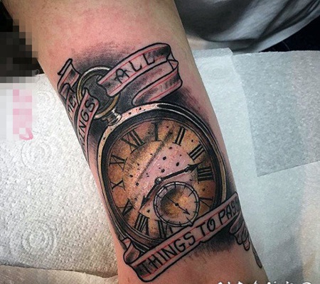 关于钟表的黑色素描点刺技巧精美纹身图案