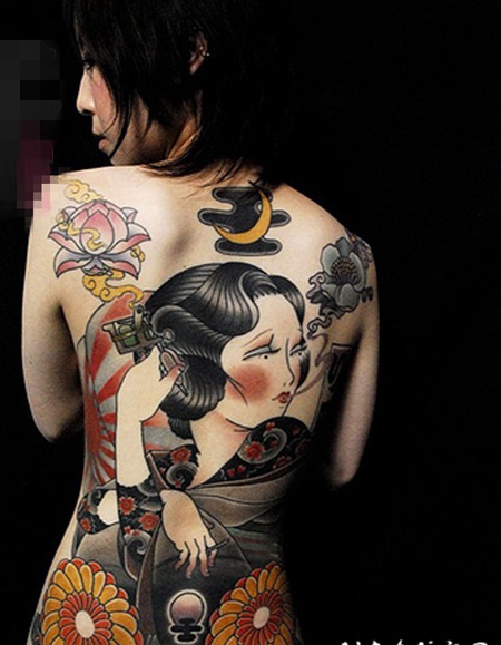 1漂亮的抽象线条人物肖像日本艺伎纹身图案