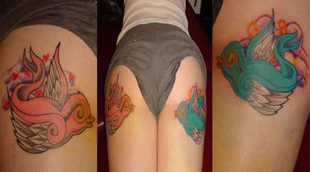 臀部的两只鸽子纹身图案