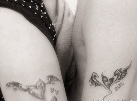 手臂天使恶魔心形与翅膀纹身图案