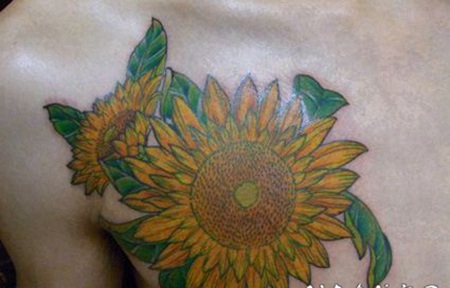 男性胸部个性向日葵纹身图案