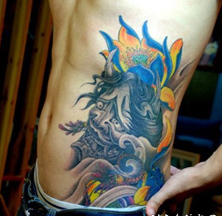 男士腰部般若莲花纹身图案