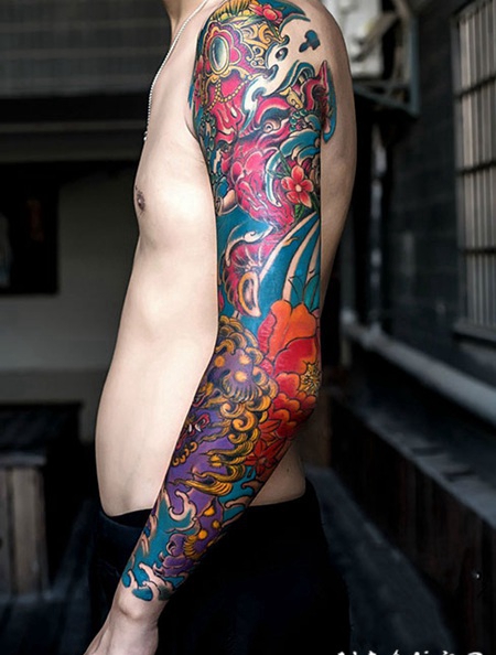 彩绘唐狮象神花蕊花臂纹身图案