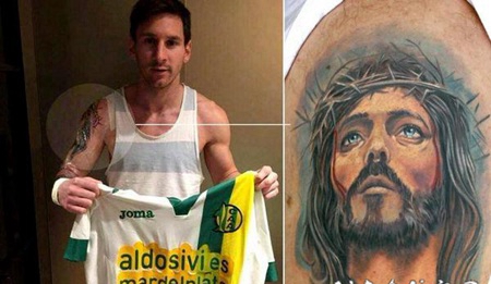 梅西手臂耶稣肖像纹身图案