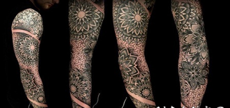 男性黑色花臂曼陀罗纹身图片