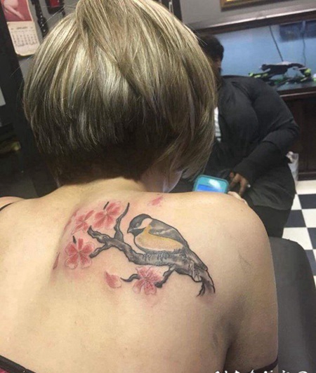 女孩背上的站点花枝上的鸟纹身图片