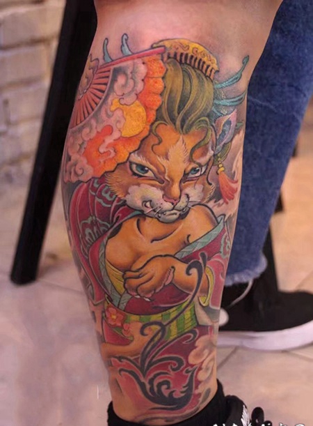 小腿猫咪艺妓卡通彩绘纹身图案