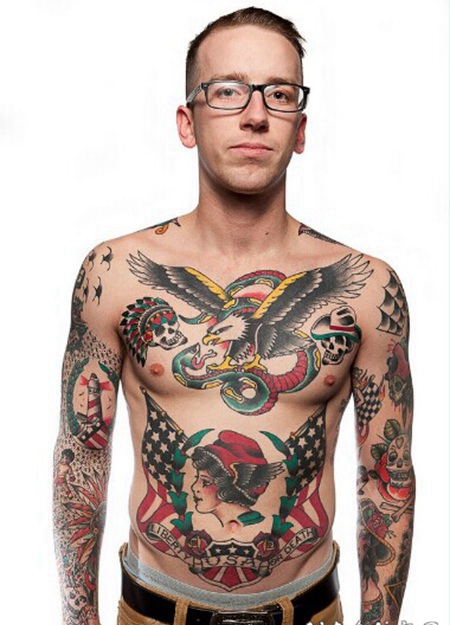 欧美男个性old school老鹰蛇骷髅纹身图案