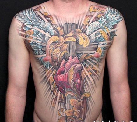 十字架翅膀匕首彩绘胸部纹身图案