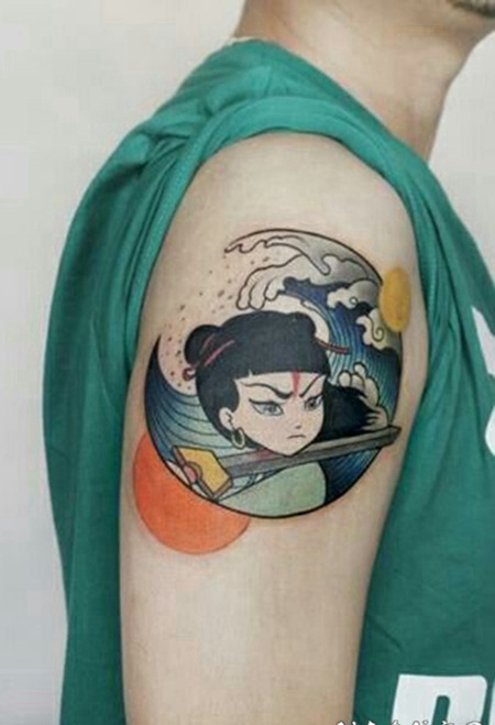 手臂哪吒卡通彩绘纹身图案