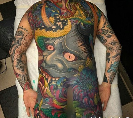 霸气般若与蛇菊花大满背彩绘纹身图片