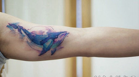 手臂遨游的鲸鱼水彩纹身图片