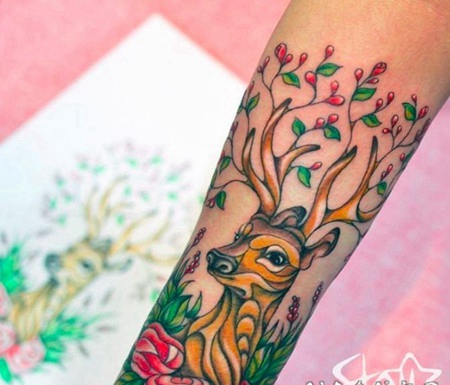 漂亮的彩色纹身动物和植物纹身小花朵纹身图案