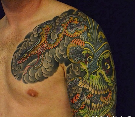 彩色的中国传统纹身动物和鬼怪纹身图案