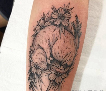 手臂上黑灰色素描纹身小花朵和老鼠纹身动物图片