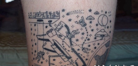 小腿上黑色简单个性线条纹身小宇宙纹身图片