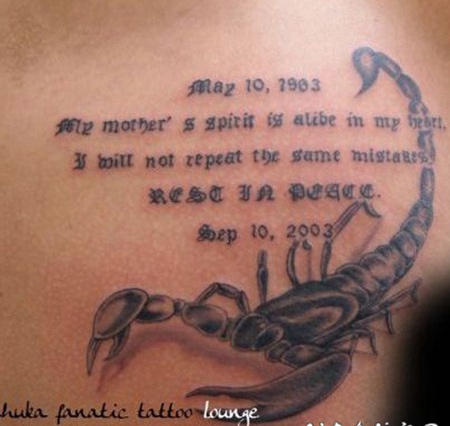 时尚个性男性胸前蝎子英文字母纹身