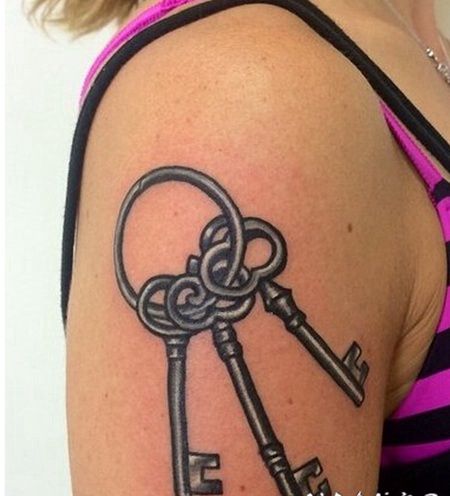 女性手臂一串钥匙纹身图案