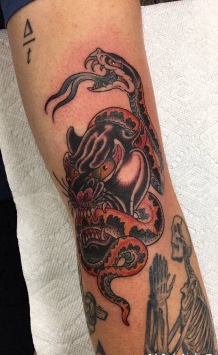 手臂上的传统风格豹子咬蛇纹身图片