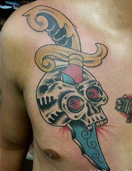 男子胸部上的大头骨和匕首纹身图片