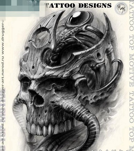 超酷的一张欧美写实骷髅纹身图案