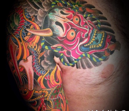 彩色的日本风格纹身般若面具纹身图案