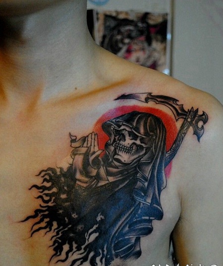 男性胸部欧美死神纹身图案