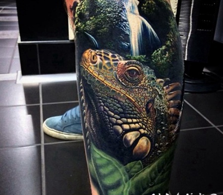 小腿上的逼真的写实风格丛林中的鬣蜥蜴纹身图片