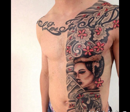 彩色的日本艺伎纹身樱花纹身般若面具纹身图片