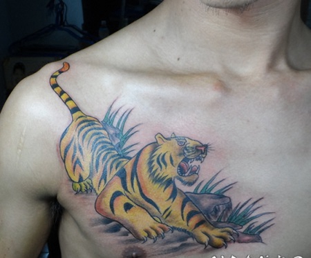 男士胸部下山虎纹身图案