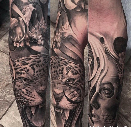 黑灰色花臂上的豹子骷髅头的女性肖像纹身图片