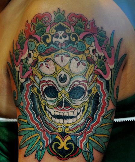 手臂骷髅叶子纹身图案