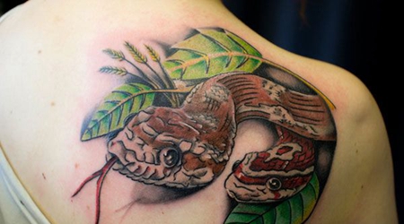 肩部树叶蛇纹身图案