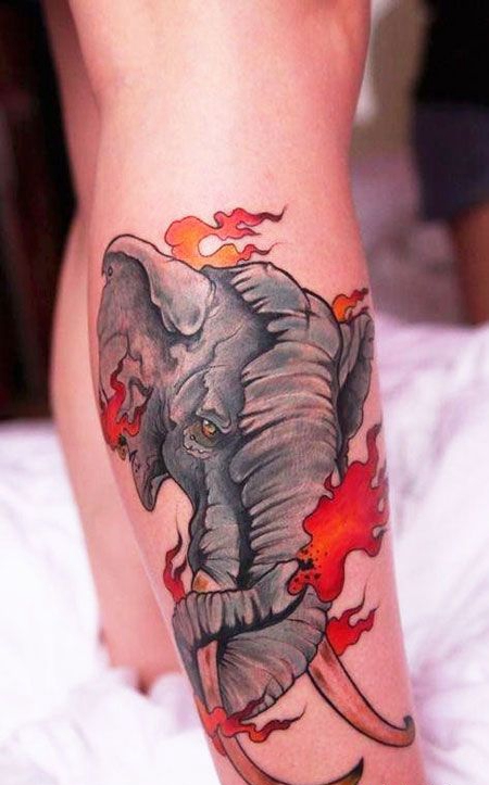 小腿大象火焰纹身图案
