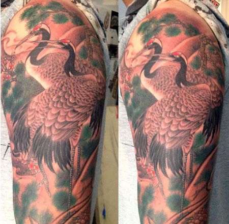 传统花臂仙鹤纹身图案