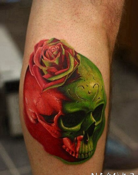 欧美D彩色骷髅玫瑰花纹身图案