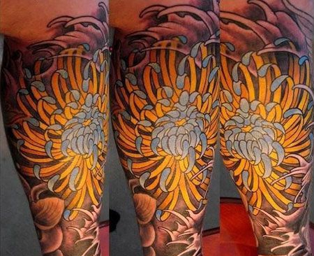 包小腿菊花纹身图案