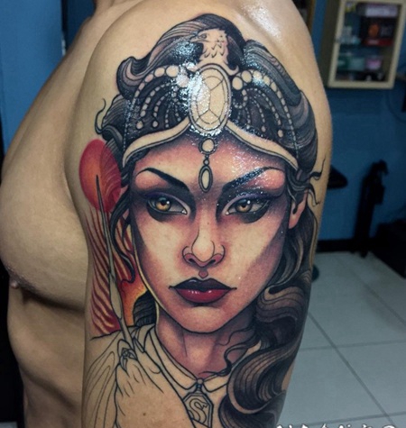 new school欧式彩色女郎纹身图案