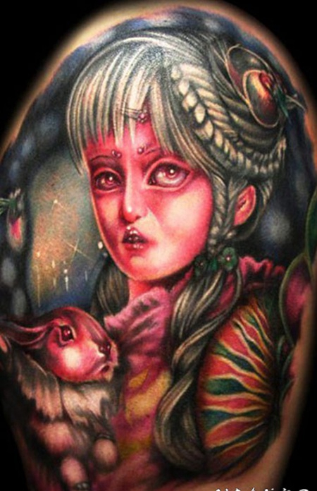 彩色插图女生与兔子纹身图案