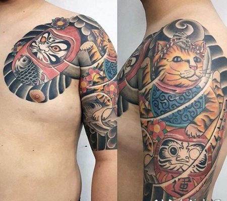 男士半甲彩色日式达摩和猫纹身图案