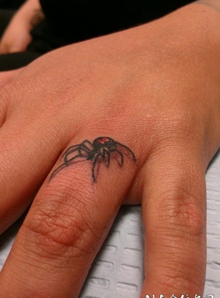 手指上逼真的D蜘蛛纹身