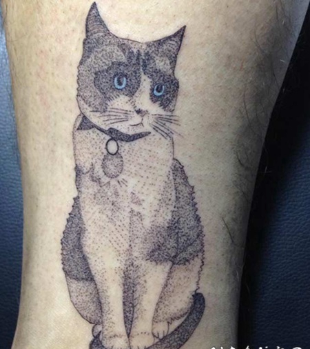 old school彩色蓝眼睛猫咪纹身图案